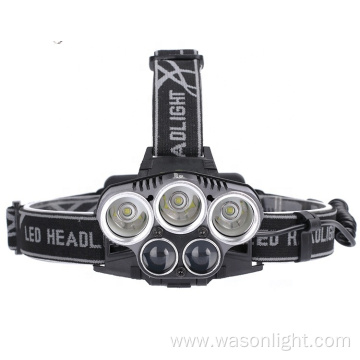 Factory Wholesale High Quality 5LED Most Powerful Adjustable Strong Light Rechargeable Led Headlamp Torch With Tail Safety Light